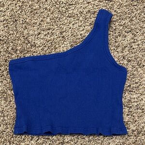 One-Shoulder Blue Ribbed Women's Top